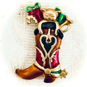 Vintage signed Don Lin Western Christmas Cowboy Boot Toys Kitten Pin Brooch